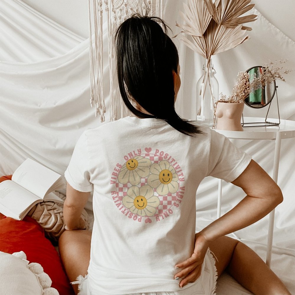 Positivity Vibes Only Pink Checkered Smiley T shirt